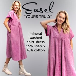 EASEL “Yours Truly” Mineral Washed Linen & Cotton Button Front Long Shirt Dress